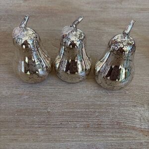 🌱Set of Three 6” Vintage Mercury Glass Pears W/Glass Leaf on Stems (one missing)
